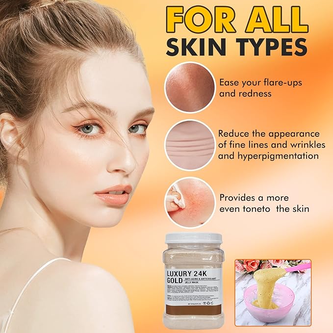 Jelly Mask Powder for Facials, 24K Gold Anti Aging Jelly Face Mask, Professional Peel Off Hydro Face Mask Powder for Fight Fine Lines, Dullness & Uneven Skin Tone, DIY SPA 23 FLOZ Mask Powder