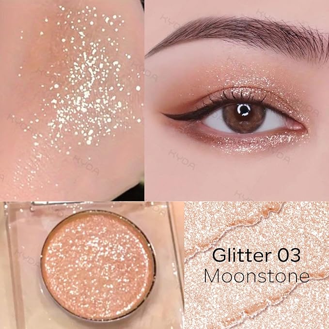 KYDA Single Glitter Eyeshadow, Pale Peach Golden Eyeshadow, Ultra-fine Blendable Shimmer Eyes Shadow, Lasting Sparkling Eyes Glitter, Soft Buildable Glossy Color, Wet Look Effect, Moonstone