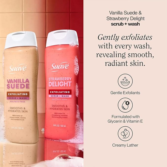 Suave Exfoliating Scrub + Wash Variety 2-Pack – Vanilla Suede & Strawberry Delight, Sulfate-Free Body Wash Set, 18 Oz Ea