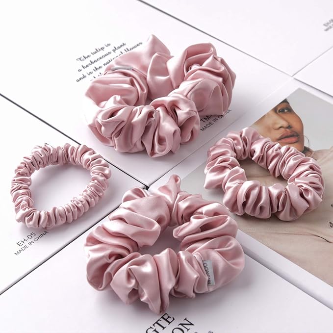 MTSNOO 100% Pure 22 Momme Mulberry Silk Scrunchies for Hair & Sleep, 4 Pack, for Women & Girls, Rosy Pink