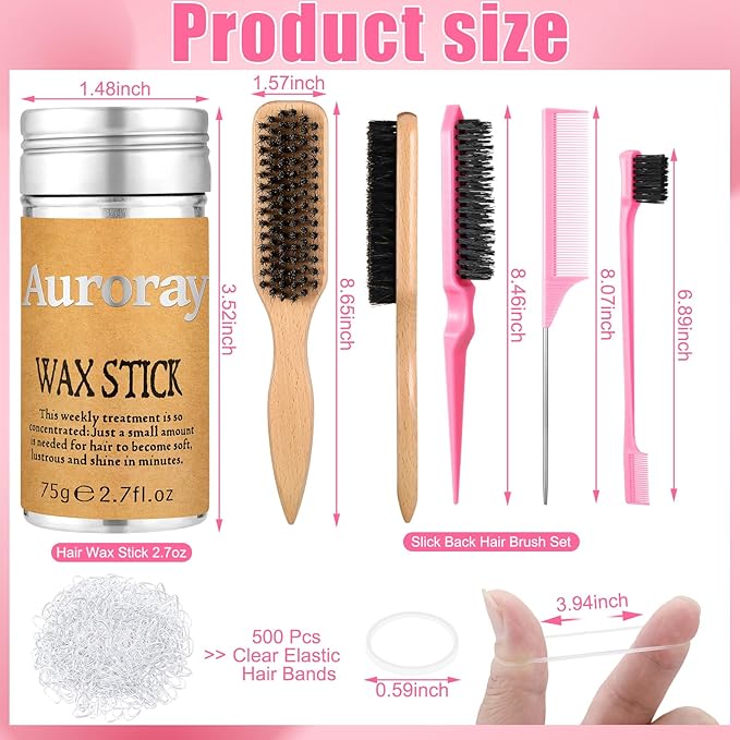 4 Pcs Boar Bristle Slick Back Hair Brush Comb with Hair Wax Stick and 500 Elastic Hairs Bands for Women Men Sectioning, Parting
