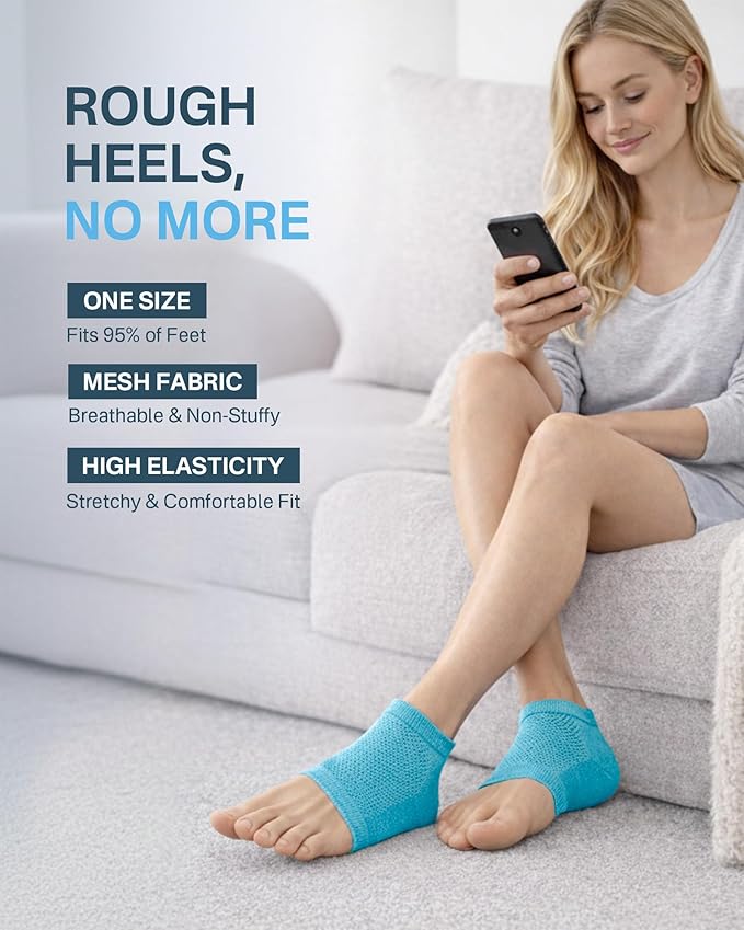 Moisturizing Socks, 100% Cotton Heel Socks for Dry Cracked Feet Women, Cracked Heel Treatment Silicone Heel Socks, Breathable Hydrating Gel Heel Protectors for Repair, Spa & Daily Use, 2 Pairs, Blue