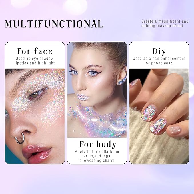 HOSAILY Roll-on Holographic Body Glitter Gel for Face Hair, Chameleon Color Changing Glitter Gel Under Light, Chunky Mermaid Sequins Festival Party Rave Accessories Shimmer Makeup (Dazzle)