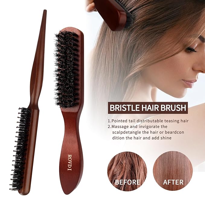 5pcs/Set Deluxe Boar Bristle Hair Brush & Comb Set - Unisex Edge Control Styling Kit for Slick Back, Teasing, Smoothing, Detangling, and Adding Volume - Suitable for Curly, Normal, and Wavy Hair Types