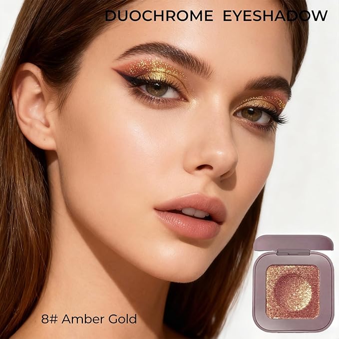 Duochrome Glitter Eyeshadow, Ultra-Fine Color Shifting Metallic Shimmer, High Pigment Holographic Single Eye Makeup, Long Lasting & Buildable Eye Shadow (#8 Amber Gold Shimmer)