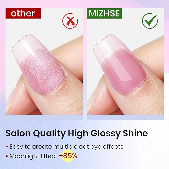 MIZHSE Cat Eye Gel Nail Polish, Moonlight 6 Colors Ceramic Magnetic Gel Polish Set with Magnet Stick, Crystal Silver Pink Green Blue Purple Magnetic French Nail Polish Kit Gift Set