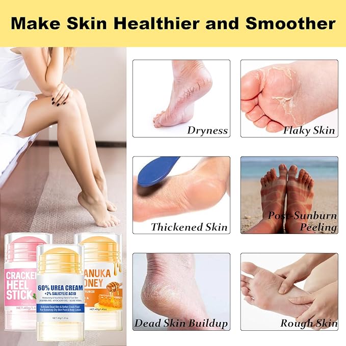 Charunee 3Pcs Cracked Heel Stick,Anti Crack Foot Cream Stick Heel Balm for Dry Cracked Feet Foot Care Cream Roll On Suitable for Women Men(Peach& Honey&Avocado)