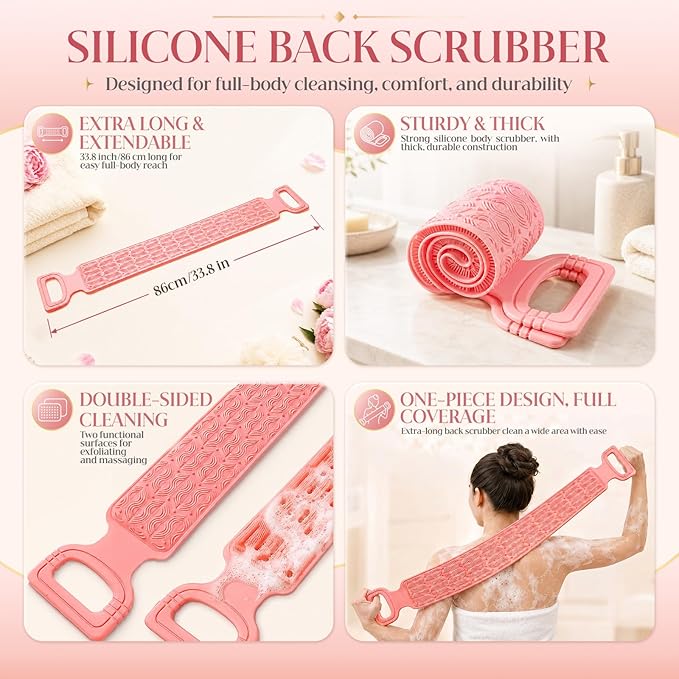 Manmihealth Silicone Back Scrubber for Shower, 33.8'' Exfoliating Body Scrubber with Long Strap Handle, Dual-Sided Extendable Back Washer for Men and Women (Pink)