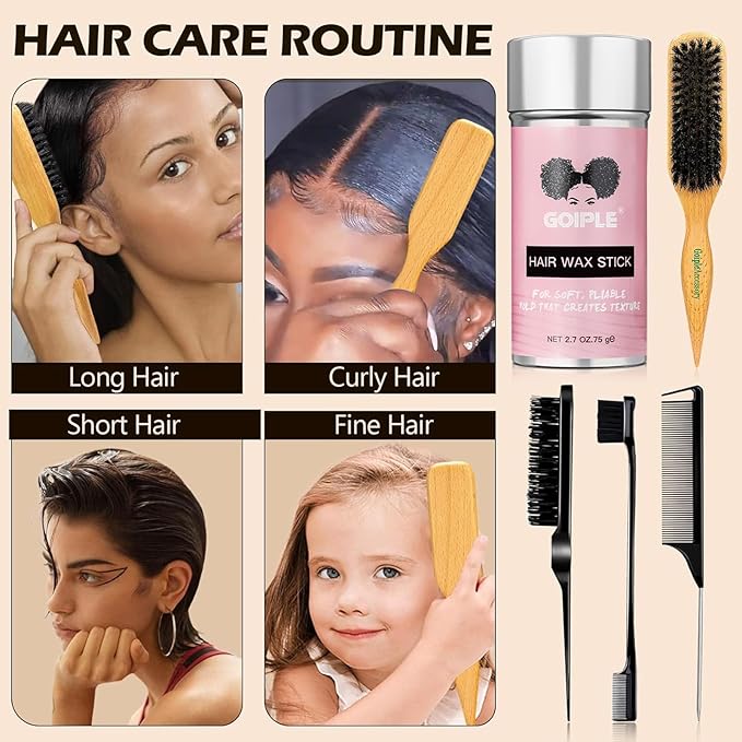 Slick Back Hair Brush Set Teasing Boar Bristle Brush, Hair Wax Stick, Edge Brushes, Rat Tail Comb, Teasing Comb, Wooden Slickback Hairbrush Accessories, Smoothing Combs for Women & Kids (5PCS)
