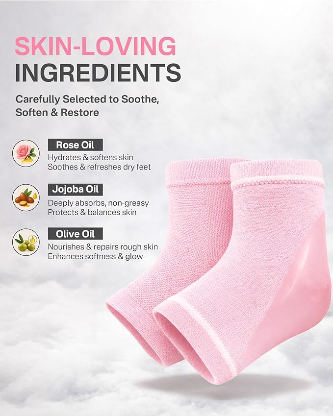 Moisturizing Socks, 100% Cotton Heel Socks for Dry Cracked Feet Women, Cracked Heel Treatment Silicone Heel Socks, Breathable Hydrating Gel Heel Protectors for Repair, Spa & Daily Use, 2 Pairs, Pink