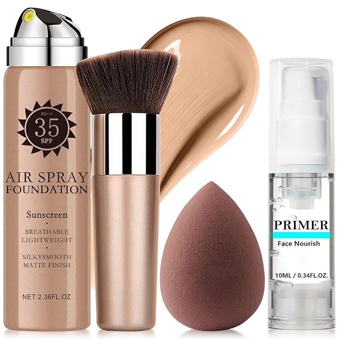 AirBrush Foundation Spray With Primer and Brush, Silky Mist Foundation Spray Makeup, Full Coverage Foundation for Smooth Radiant Finish, Formula Breathable Lightweight Hydrating (#2 Sunscreen Beige)
