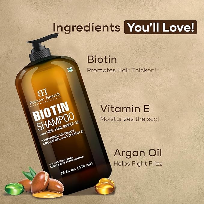 Botanic Hearth Biotin Shampoo With 100% Pure Ginger Oil | Sulfate & Paraben | Free | Enriched With Turmeric Extract, Argan Oil & Vitamin E | For All Hair Types | 16 Fl. Oz