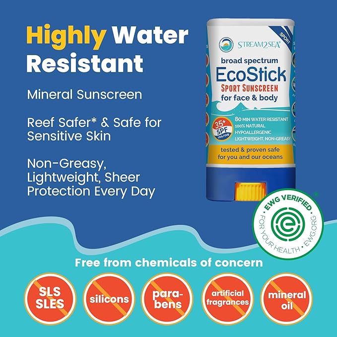 STREAM 2 SEA EcoStick SPF 35 Mineral Sunscreen Stick, Sweat Water Resistant Sunblock, USDA Approved Biodegradable Paraben Free Reef Safe Sunscreen Protection UVA UVB (EcoStick Sport) - 0.5 oz