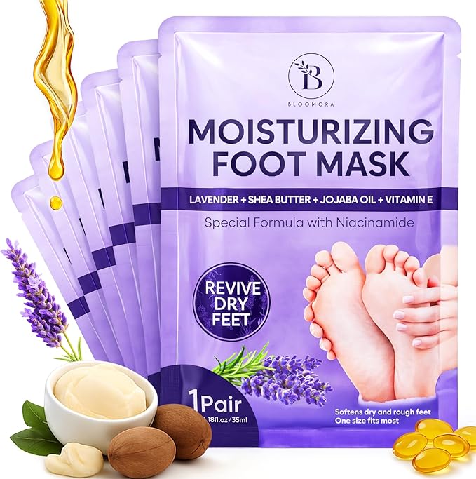 6 Pack Moisturizing Foot Mask for Dry Cracked Feet, Restoring & Hydrating Socks with Lavender, Shea Butter, Jojoba Oil & Vitamin E, Feet Mask for Women & Men Foot Care