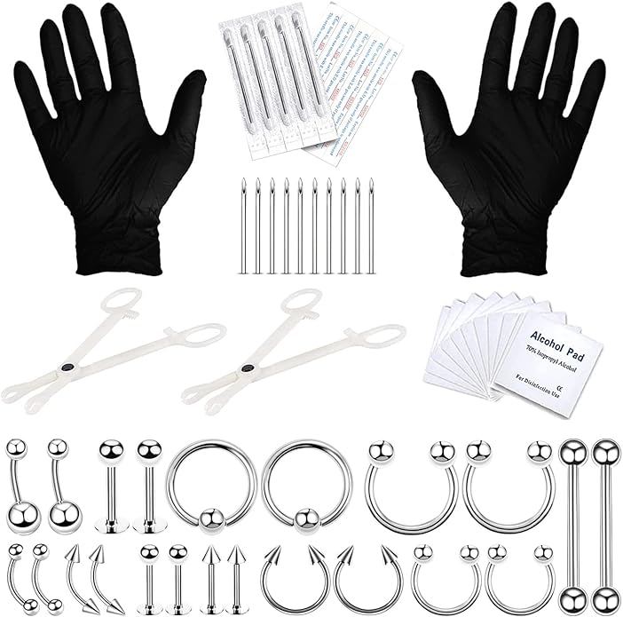 BodyJ4You 36PC PRO Body Piercing Kit - Nose Septum Ear Cartilage Lip Belly Navel Tragus Eyebrow - Surgical Steel 14G 16G BCR CBR Ring Barbell Spike - Tools Needles Gloves Clamps