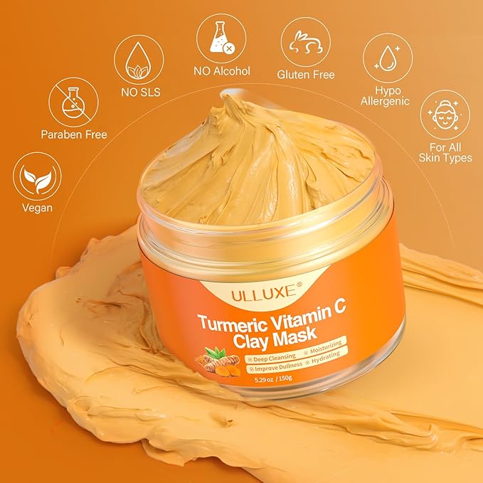 ulluxe Turmeric Vitamin C Clay Mask for Dark Spots, Dull Skin, Moisturizing, Skincare Facial Mask for Blackheads and Pores Cleansing, Improve Uneven Skin Tone, Face Skincare Gift, 5.29 oz