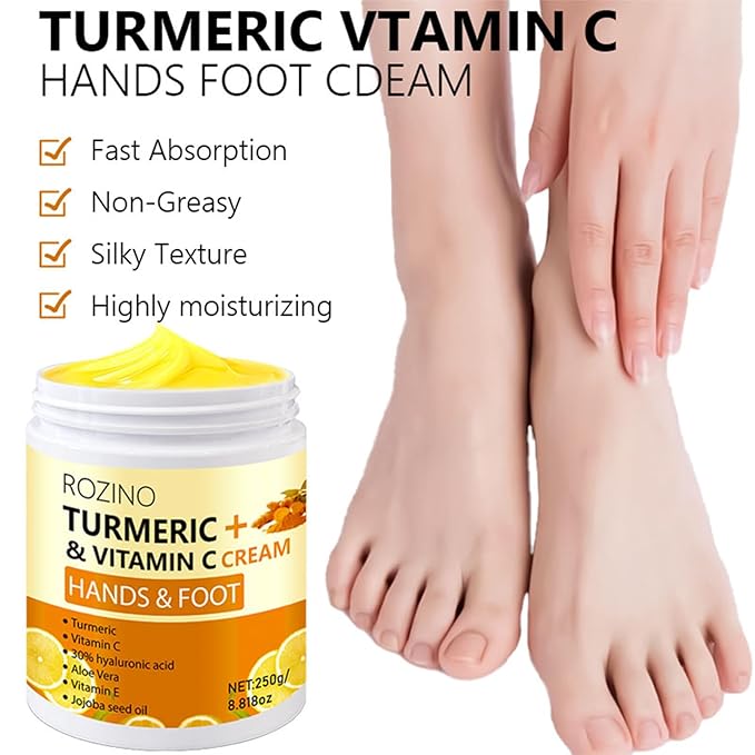 Turmeric & Vitamin C Hand and Foot Cream – Moisturizing Treatment for Dry, Rough Skin – Fast Absorbing, Non-Greasy Formula – Hydrates & Soothes Cracked Heels & Hands (8.8OZ)