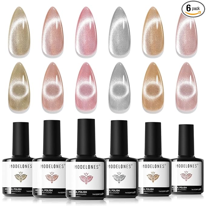 modelones Cat Eye Gel Nail Polish Set, Holographic Glitter 6 Colors with Magnet Sparkle Galaxy Series Nude Pink Gel Polish Soak Off Led Gel Polish Kit Nail Art Gel Manicure Salon DIY Gifts