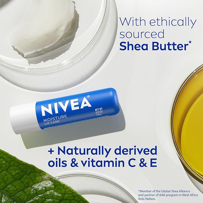 NIVEA Moisture Lip Care, Hydrating Lip Balm with Shea Butter, Nourishing Oils and Vitamin C & E, 3-in-1 Moisture, Repair and Nourish, 0.17 Oz Stick, Pack of 48