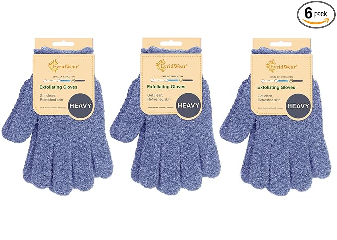 Evridwear Exfoliating Dual Texture Bath Gloves for Shower, Spa, Massage and Body Scrubs, Dead Skin Cell Remover, Gloves with Hanging Loop (3 Pairs Heavy)