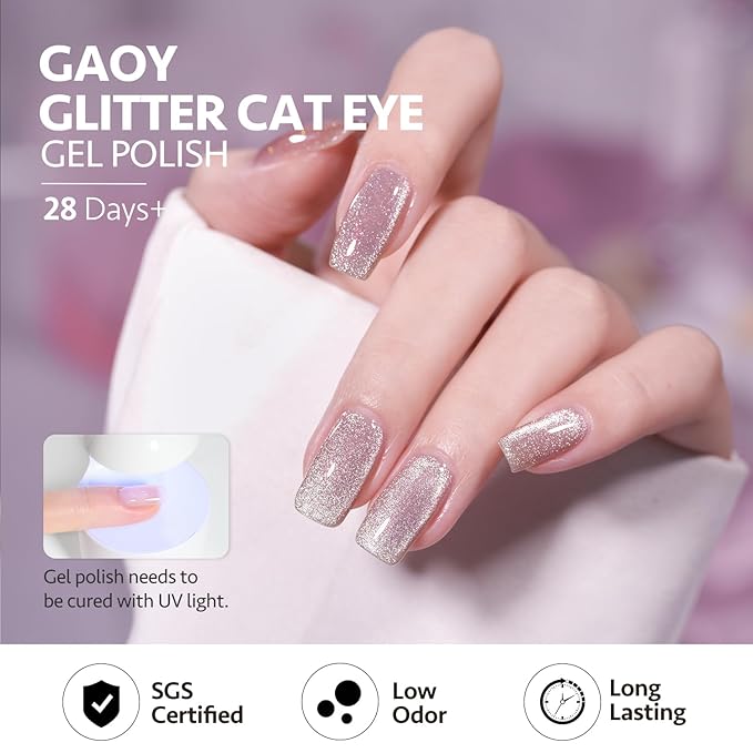 GAOY Pink Glassy Cat Eye Gel Nail Polish, 16ml Glitter Holographic Nail Polish with Magnet, Reflective Translucent UV Gel, 2146 Pink Fireworks