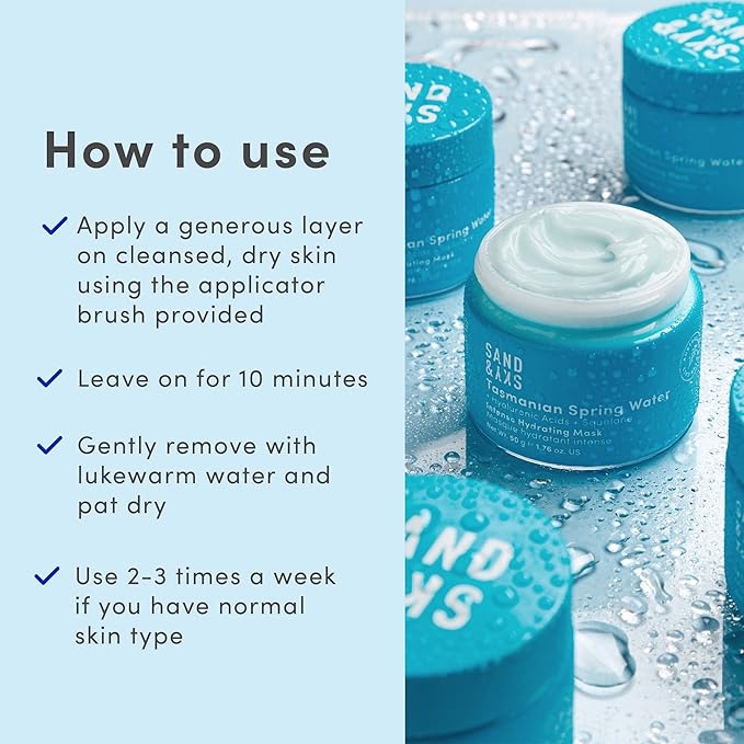 Sand & Sky Face Mask Hydrating Skincare with Hyaluronic Acid - Tasmanian Spring Water Intense Hydration Facial Mask, Skin Barrier Repair, Soothes Redness, Anti Aging Sleeping Mask, Australian Beauty