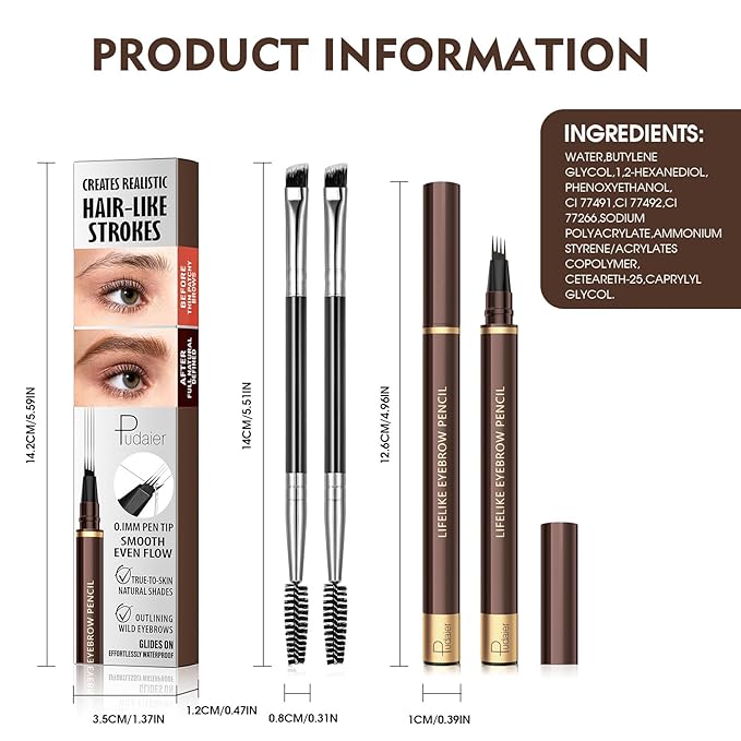 2 Pack 4-Tip Microblading Eyebrow Pen with 2 Brow Brushes, Waterproof Vegan Formula Eyebrow Pencils for Women to Effortlessly Create Natural Hair-Like Strokes, All-Day Wear, Medium Brown