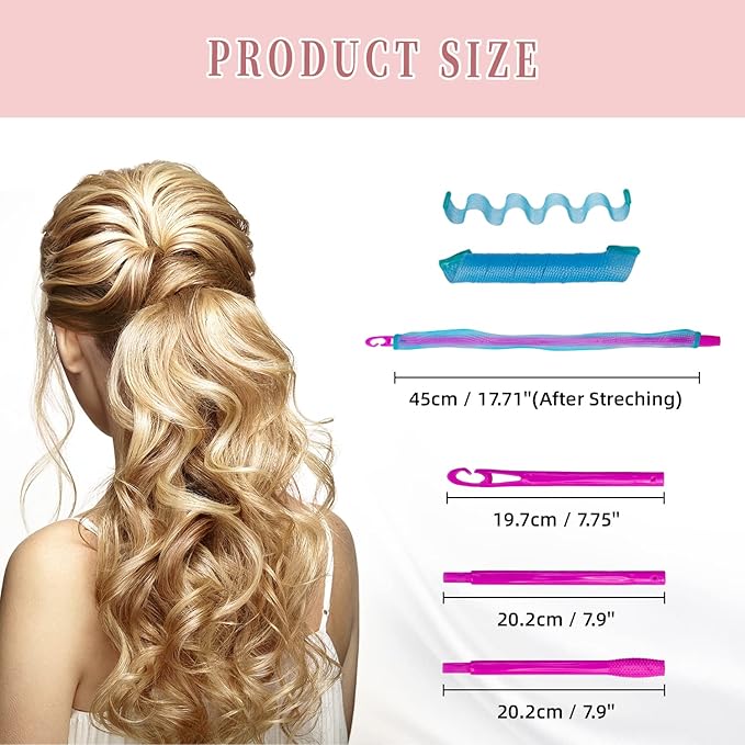 Spiral Hair Curlers (17.8 Inch) - No Heat Hair Rollers - 30 Pieces in Pink, Orange, Blue, Green, Yellow and Purple with 2 Styling Hooks