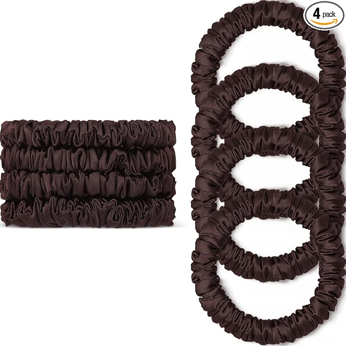 Scrunchies Hair Ties Silk Satin Scrunchy, WantGor Women 4PC Pure Mulberry Silk Skinny Elastic Scrunchies Hair Bands Bracelets Ponytail Holders Hair Accessories (Brown*4)