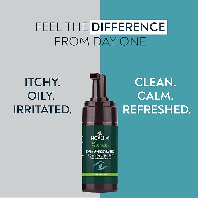 NOVEHA Demodex Eyelid Cleanser Foam | Extra Strength Tea Tree Oil Formula | Daily Face Wash For Eyelash, Demodex, MGD, Stye Eyes, Eye Irritations & Skin Dryness, 3.38 fl. oz. (100ml) - (Pack of 2)