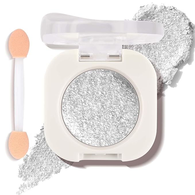 Cold Silver Glow Eyeshadow with Brush, Single Glitter Mini Eye shadow Palette, Silky Fine Subtle Shimmer for Old Women, Lightweight & Ultra-Blendable Formula for Daily Eye Glitter Makeup Kit (#12)