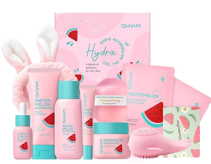 QUIYUM Watermelon Skin Care Kit for Teens Girl, 8 Daily Routine Beauty Skincare- Gift Set with Cleanser, Toner, Eye Cream, Moisturizer, Serum, Facial Mask, Soap, Hydrate, Oil Control, Glow, Smooth