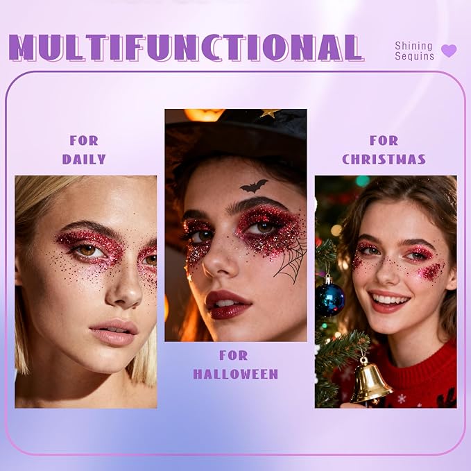 HOSAILY Roll-on Red Body Glitter Gel for Face Hair, Christmas Holographic Face Paint Glitter Mermaid Makeup, Sparkling Chunky Sequins Festival Party Rave Accessories Shimmer Makeup