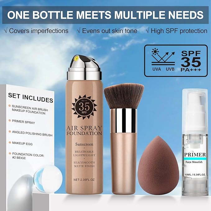 AirBrush Foundation Spray With Primer and Brush, Silky Mist Foundation Spray Makeup, Full Coverage Foundation for Smooth Radiant Finish, Formula Breathable Lightweight Hydrating (#2 Sunscreen Beige)