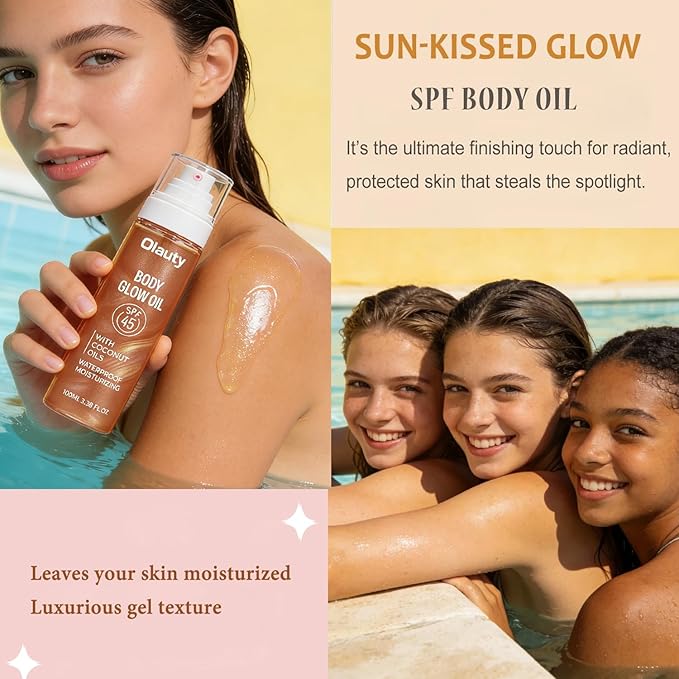 Body Glow Sunscreen Oil SPF 45, Shimmer Body Oil with Coconut Oils, Moisturizing Wateproof Glowing Oil for Body & Face, Lightweight, Glowy Finish,with Rose Gold Mica (Bronze Amber)