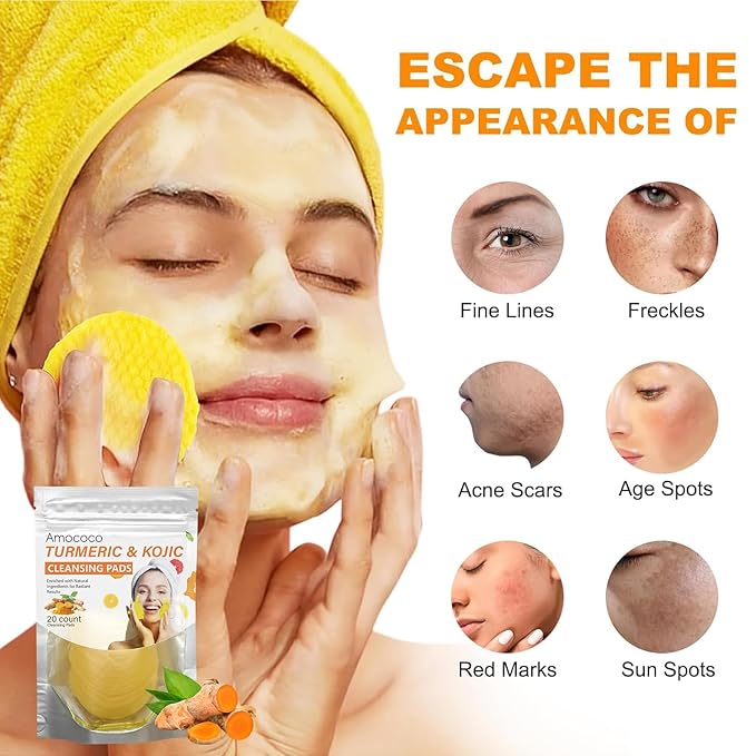 Turmeric Skincare, Vitamin C Body Wash with Cocoa Scrub & Kojic Acid Cleansing Face Pads, Daily Face & Body Cleanse Set, 16.9 fl oz & 20 Count