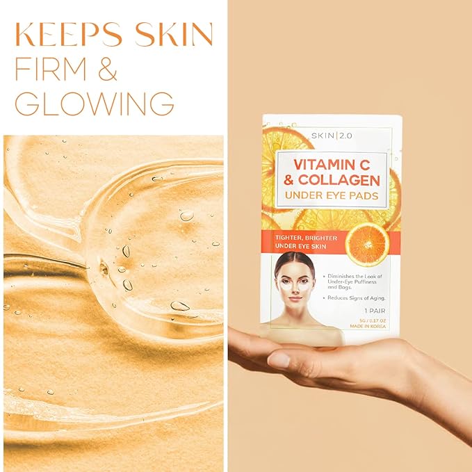 Skin 2.0 Vitamin C & Collagen Under Eye Patches - Dermatologist Tested - Brightens Dark Circles, Tightens Under Eye Area, Anti-Aging - Natural Ingredients Korean Skin Care - All Skin Types - 5 Pairs