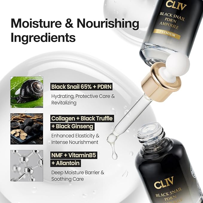 CLIV Black Snail PDRN Ampoule - 65% Snail Secretion Filtrate & Sodium DNA Facial Serum - Hydrating Collagen for Elasticity & Moisture - Korean Skincare for Dry & Sensitive Skin, 1.01 fl oz (30ml)
