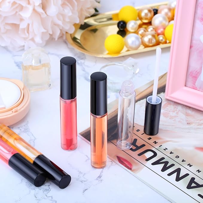 Nuanchu 200 Pcs 10 ml Lip Gloss Tubes Bulk Empty Plastic Lip Gloss Containers Clear Tubes Refillable Balm with Wand and Rubber Inserts Containers Bottles for DIY Makeup Travel (Black)