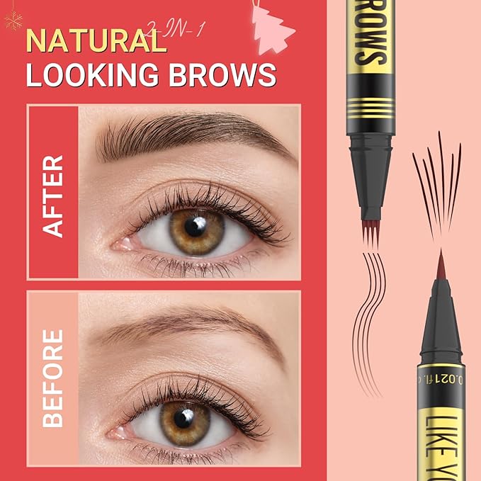 Microblading Eyebrow Pen - 2-in-1 Dual-Ended Eyebrow Pencil with Micro-Fork Tip & Precise Brush-Tip for Natural, Long Lasting Brows - Brown