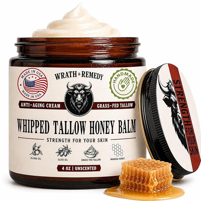 Organic Beef Tallow for Skin - 4 OZ (Unscented) — US-Made Grass Fed Beef Tallow for Face + Body — Whipped Tallow and Honey Balm Moisturizer for Dry and Sensitive Skin, Eczema, Rosacea (No Additives)