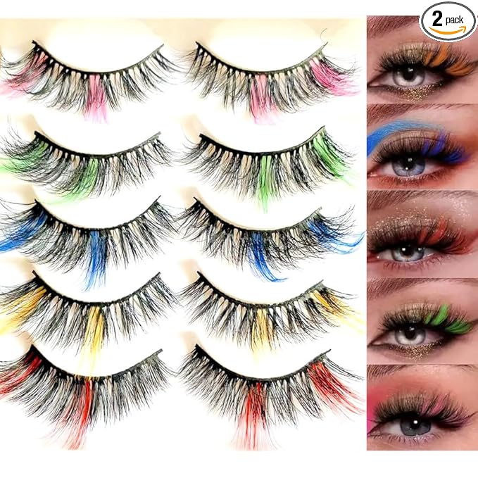 Sunniess Ombre Colored Lashes Silk Protein Fluffy Wispy Volume Fake Lashes for Halloweens Cosplay Party Stage Russian D Curl Lashes with Color Make up Faux Mink False Eyelashes