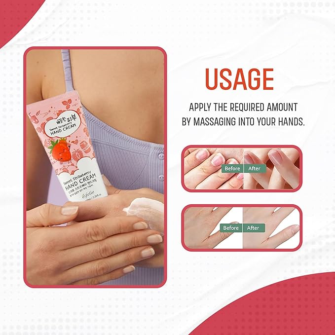 esfolio Sweet Strawberry Hand Cream – Moisturizing Korean Hand Lotion with Strawberry Extracts – Softens, Hydrates & Smooths Dry Skin – Lightweight Non-Greasy Formula (3.38 OZ/100ML)