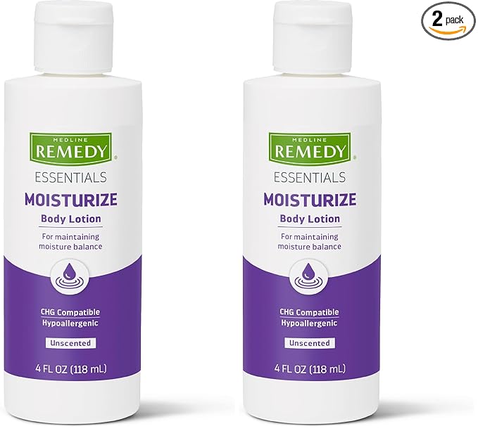 Medline Remedy Essentials Moisturizing Body Lotion (4 oz Bottle), Unscented, Hydrating, Non-Greasy, For Dry Skin, Hypoallergenic, Men, Women, Elderly (Pack of 2)