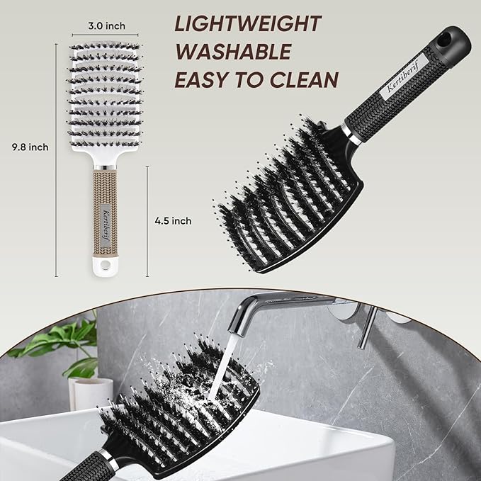 Boar Bristle Hair Brush 2PCS, Curved Vented Detangling Brush for Wet and Dry Hair, Styling Paddle Hairbrush for Women Men Kids Curly Straight Thick Long or Short Hair