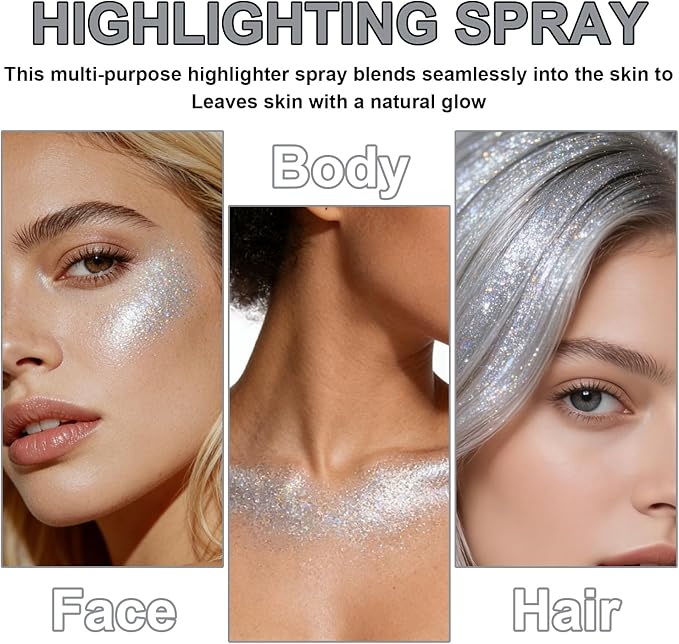Hair and Body Glitter Spray, Shimmering Powder Sparkle Powder Makeup, Glitter Loose Sparkle Makeup for Body Highlighter,Festival Prom Rave Accessories (Silver)