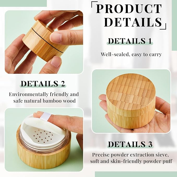 Frienda 50 ml Bamboo Loose Powder Puff and Container Empty Dusting Powder Jar for Body Face Makeup Travel Box Compact Case Holder with Sifter Lids and Puff