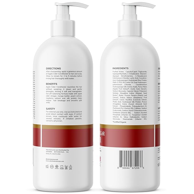 Edenika Botanicals Apple Cider Vinegar Conditioner Infused with Peach & Raspberry Oil, Hair Detangler & Hydration, ACV Hair/Scalp pH Balancing, For Locs & Curly, All Hair Types, Sulfate-Free, 16 fl oz