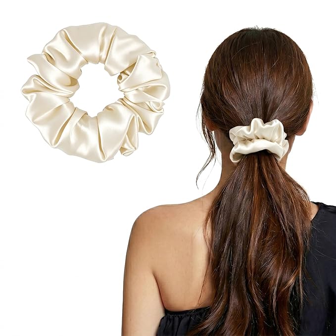 ZLYC 100% Mulberry Silk Scrunchie 19 Momme Gentle Creaseless Hair Tie for Women Dent-Free Ponytail Holder, 3.5cm Solid Cream White