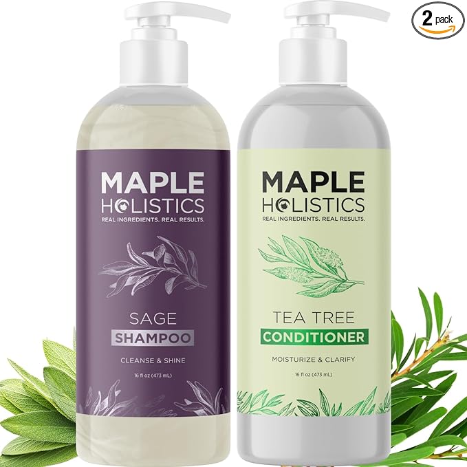 Sulfate Free Shampoo and Conditioner Set - Tea Tree Sage and Rosemary Shampoo and Conditioner for Dry Flaky Scalp Care - Deep Cleansing Color Safe Shampoo and Conditioner for Damaged Dry Hair Care